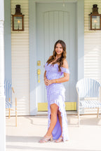 Pastel Lavender Off-Shoulder Maxi Dress