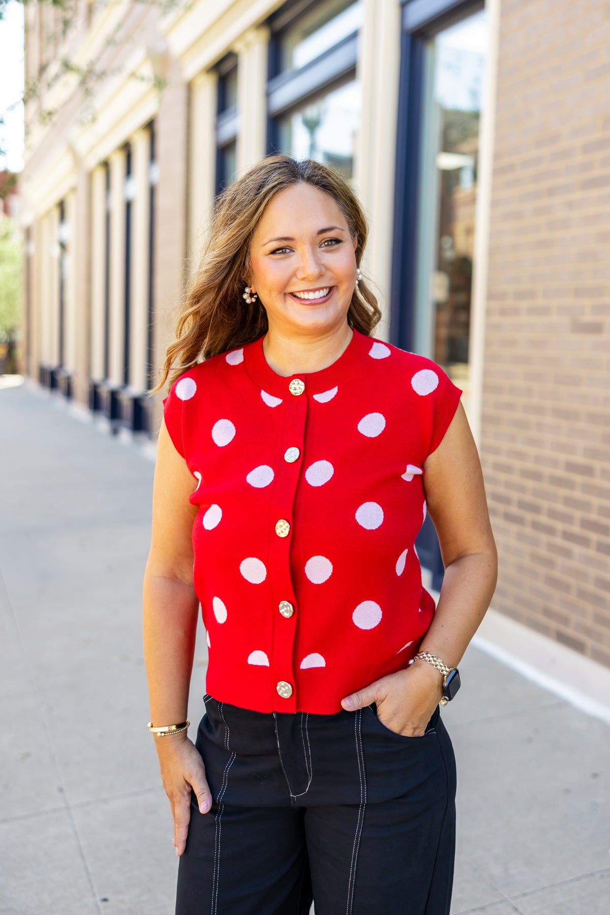 Red Polka Dot Sleeveless Cardigan