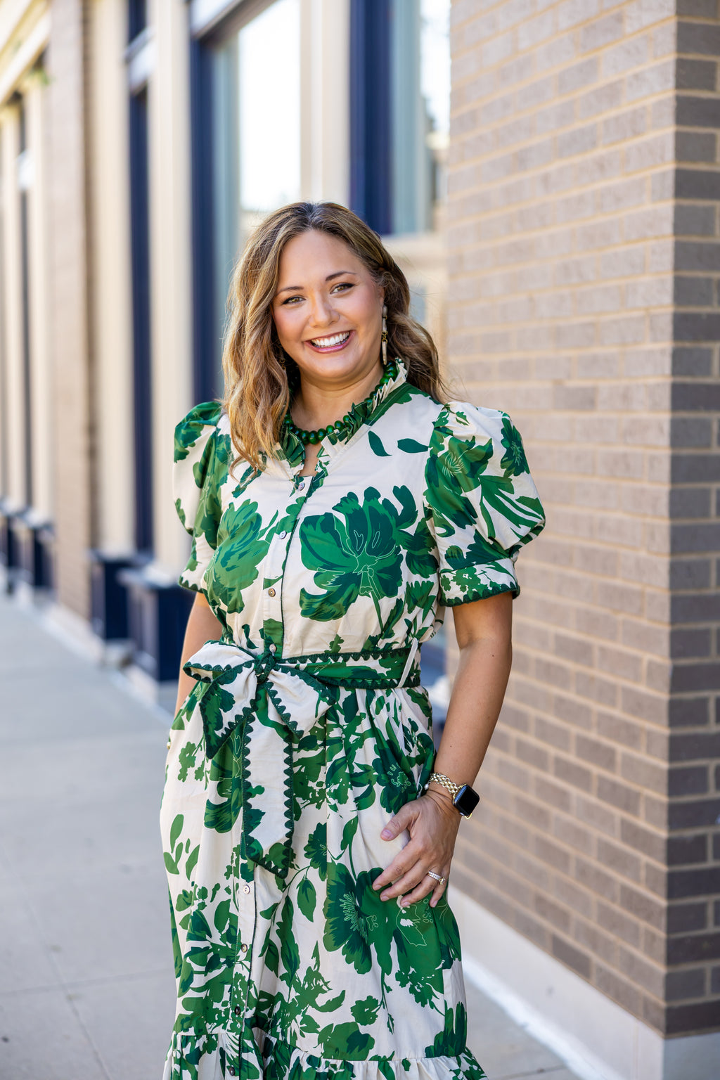 Hunter Green and Cream Belted Midi Dress