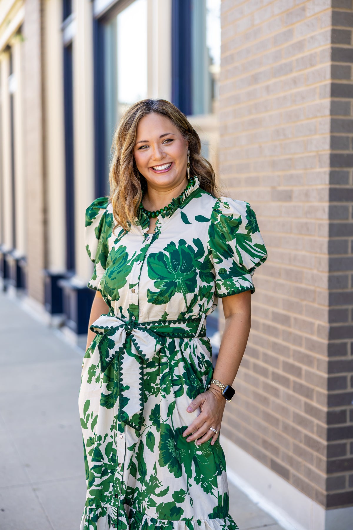 Hunter Green and Cream Belted Midi Dress