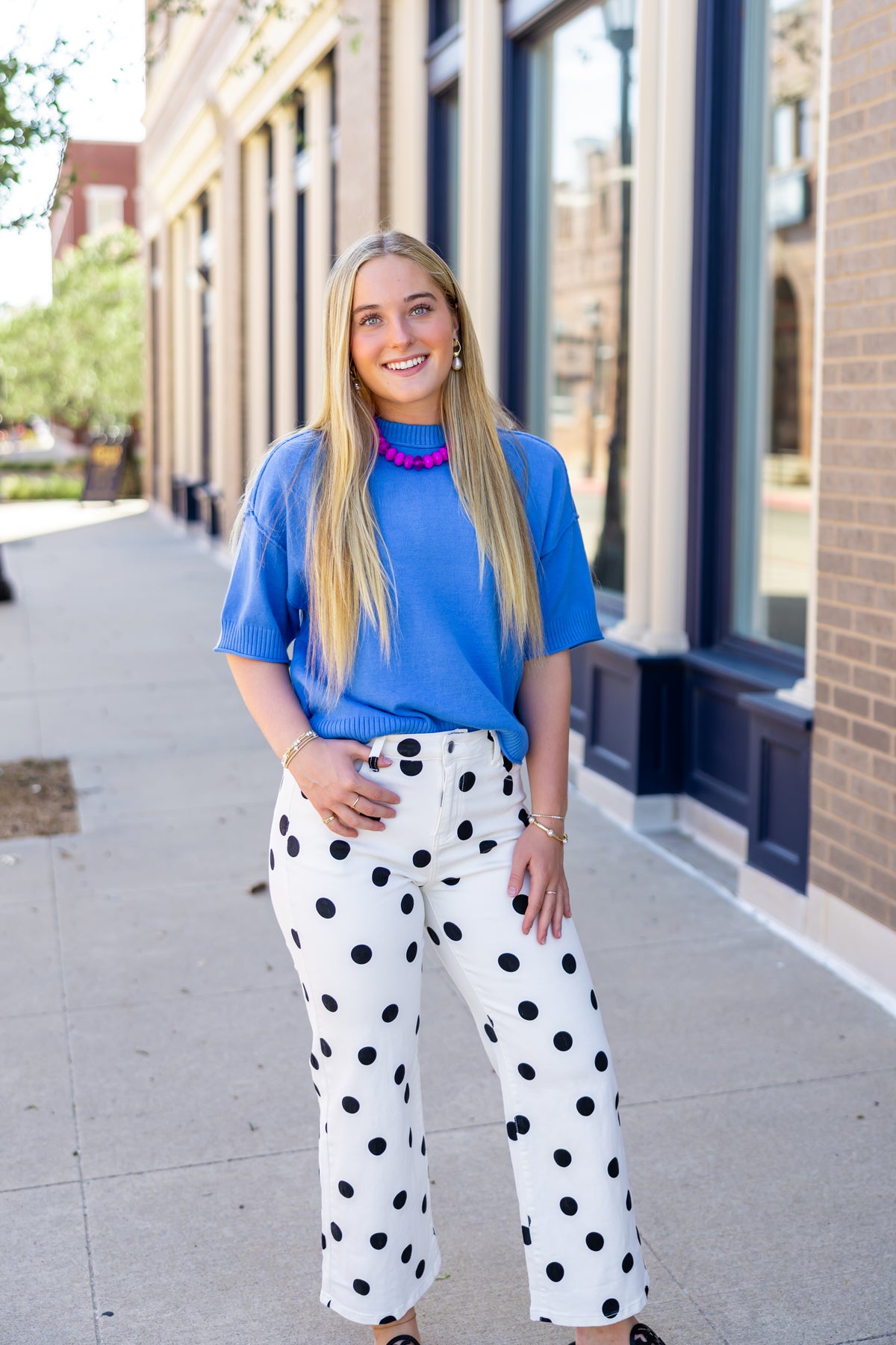 Cream Black Polka Dot Denim Pants