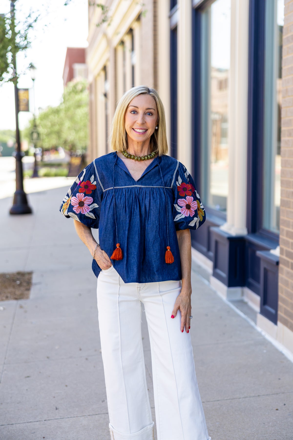THML Denim Puff Sleeve Embroidered Top