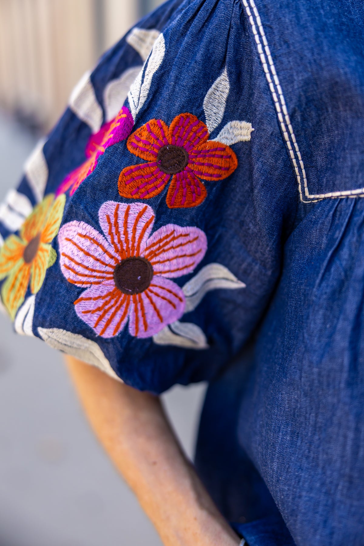 THML Denim Puff Sleeve Embroidered Top