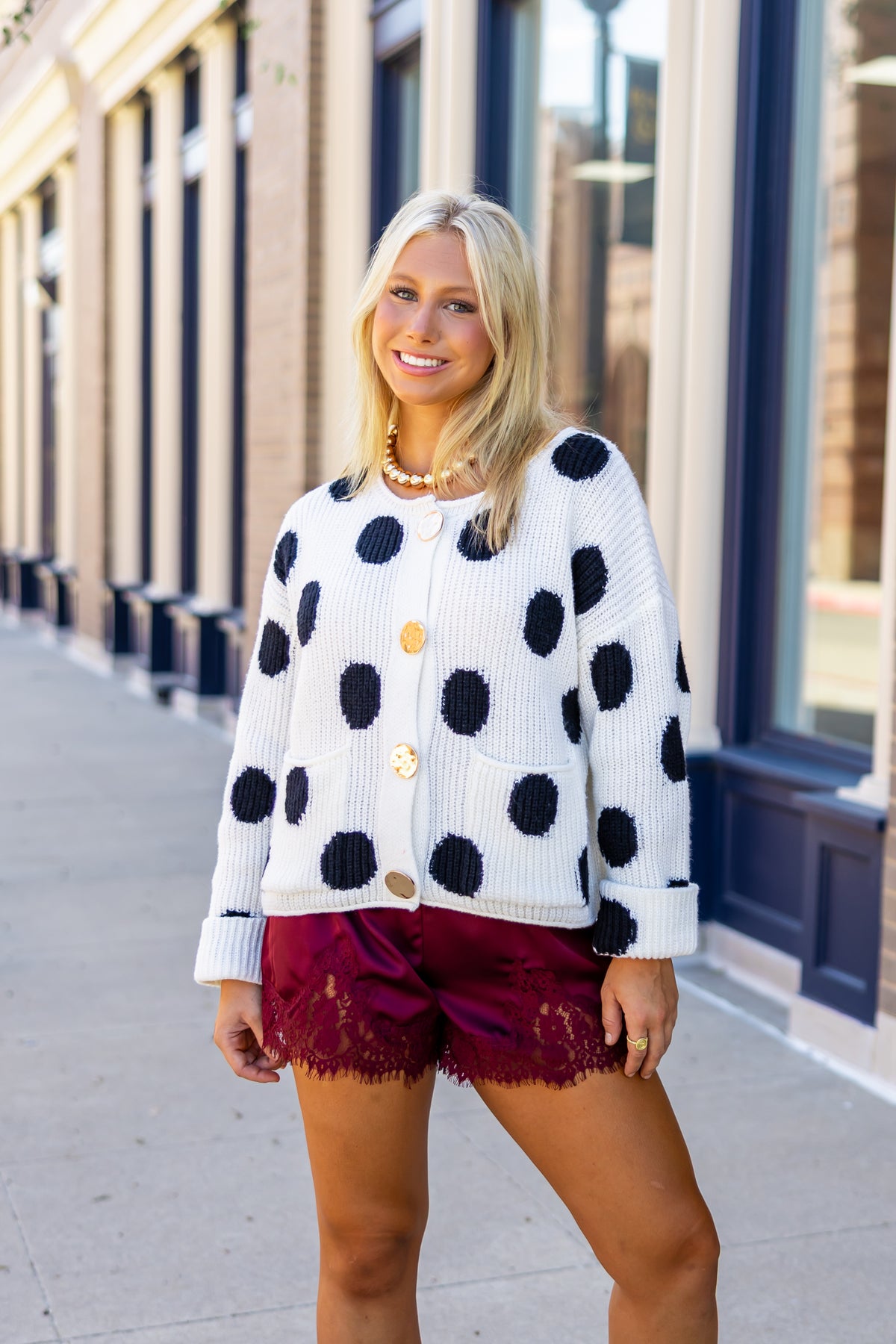 White and Black Polka Dot Cardigan Sweater