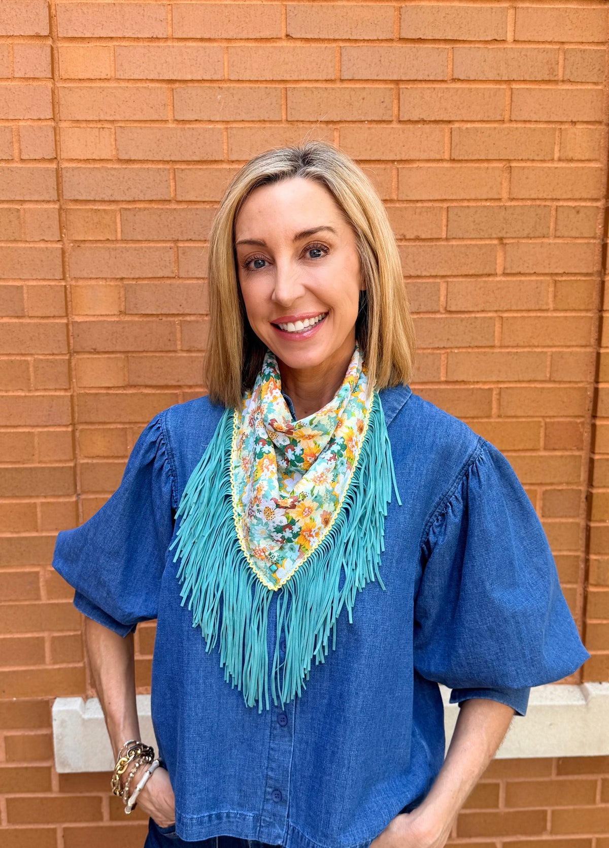 OL Yellow and Teal Fringe Scarf
