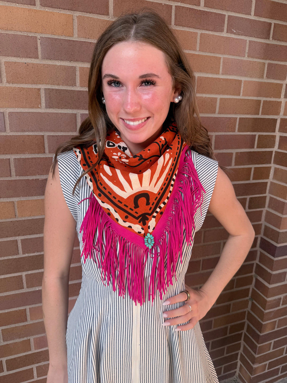 Burnt Orange and Hot Pink Fringe Scarf