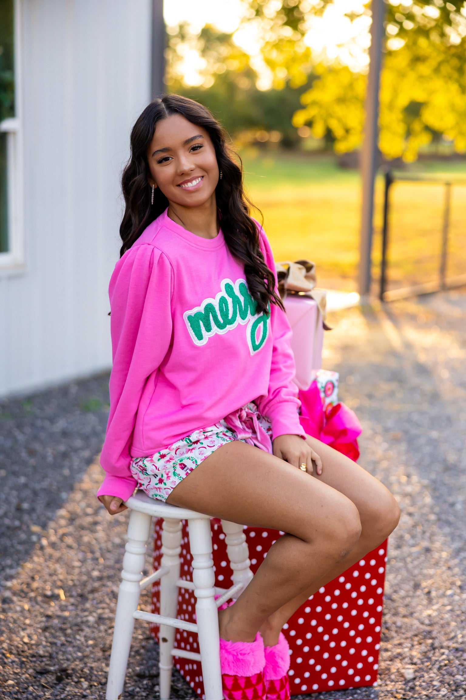 Merry Bubblegum Puff-Sleeve Sweatshirt