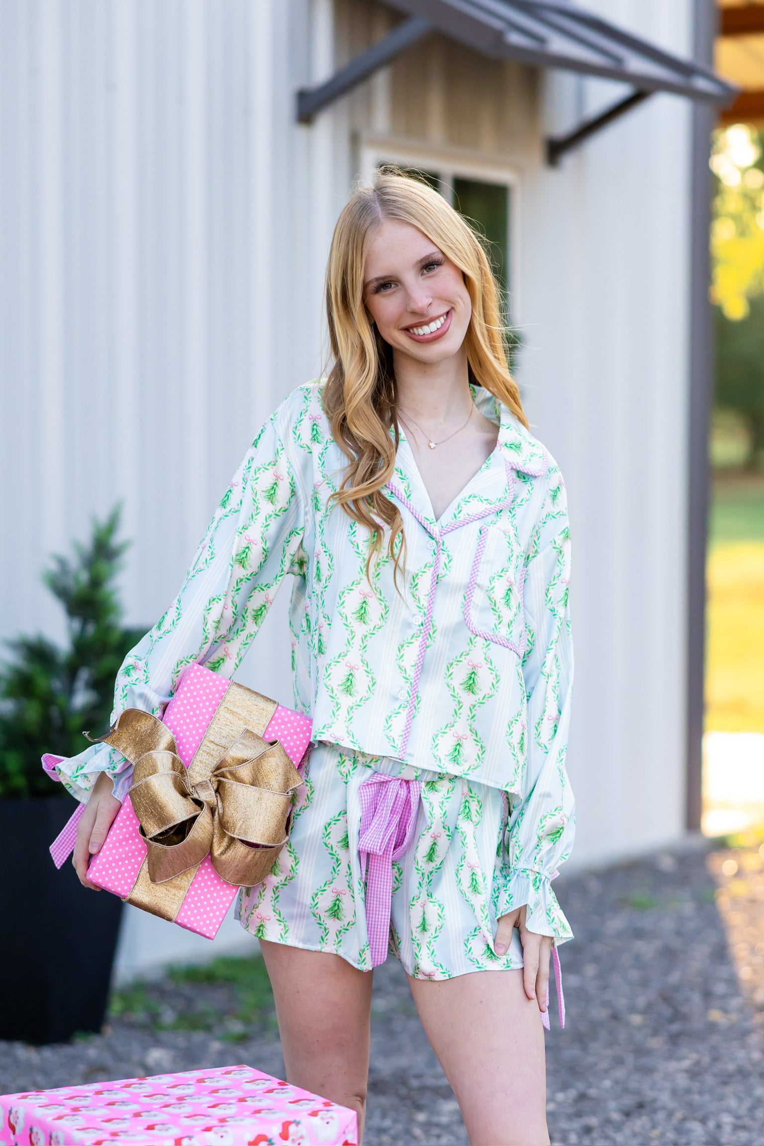 Pastel Christmas Bow-Trim Pajama Set