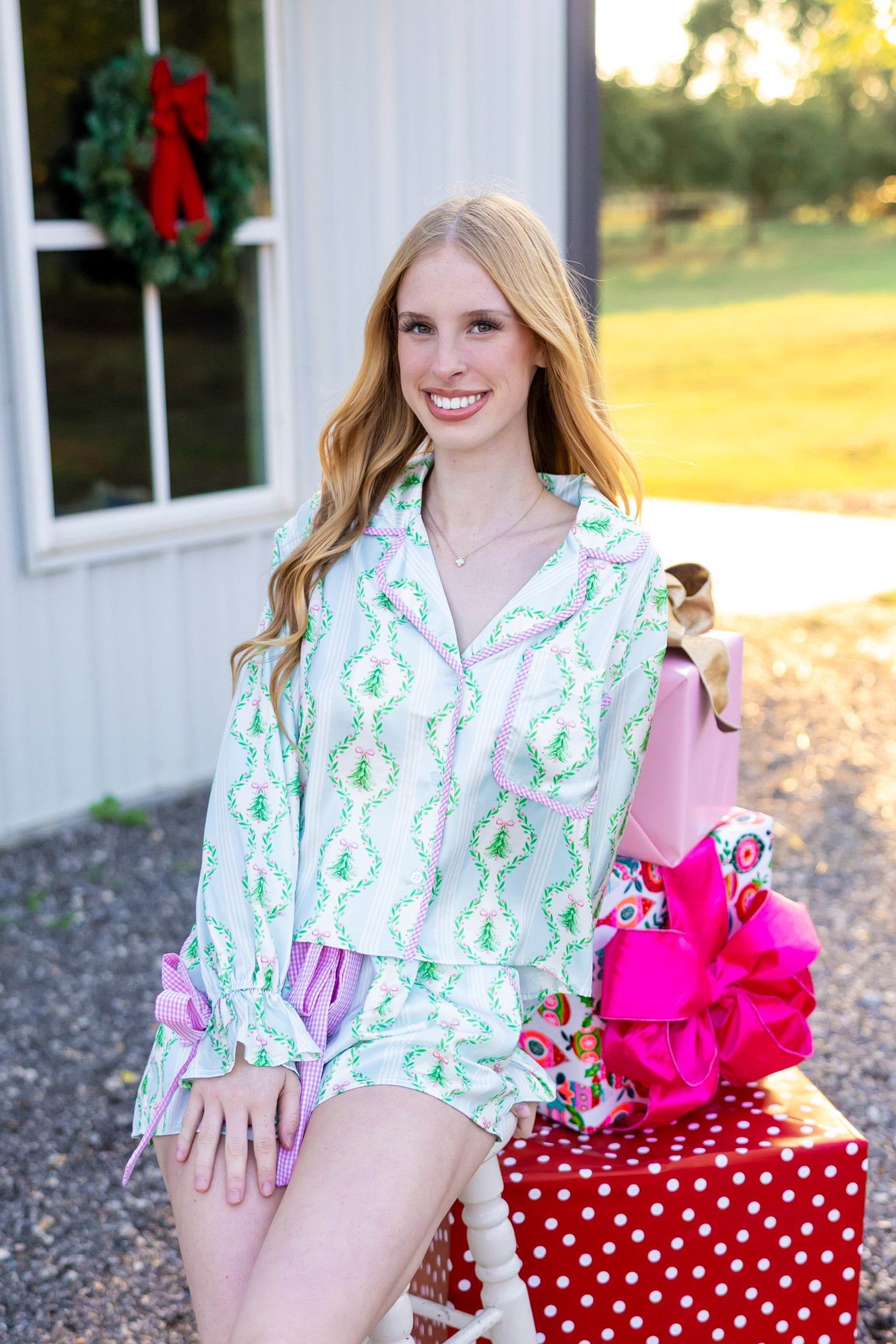 Pastel Christmas Bow-Trim Pajama Set