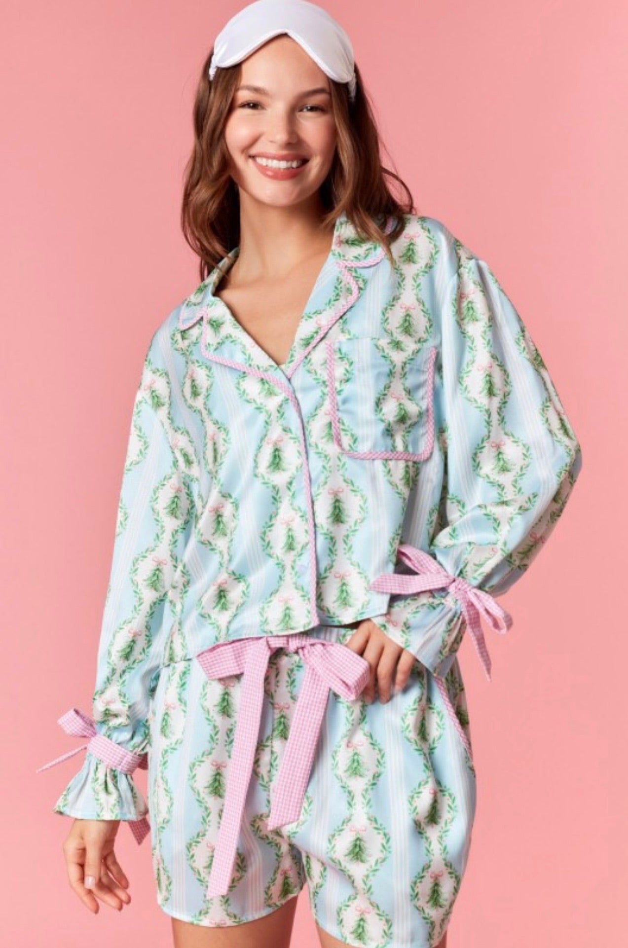 Pastel Christmas Bow-Trim Pajama Set