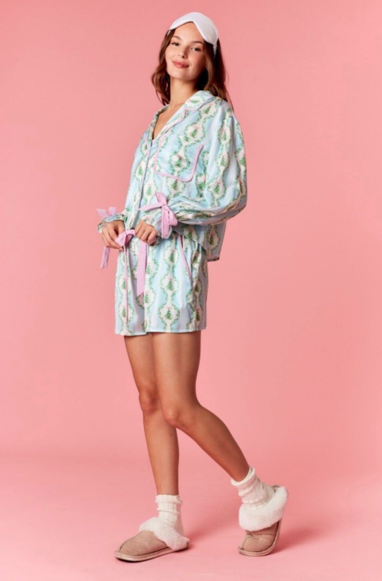 Pastel Christmas Bow-Trim Pajama Set
