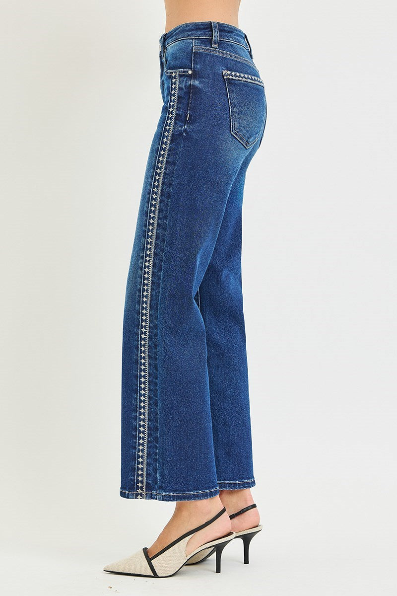OL Risen Mid Rise Embroidered Detail Denim Jeans