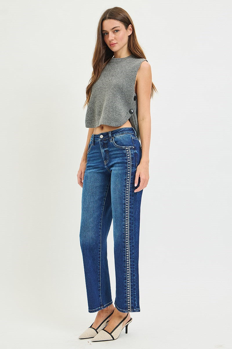 OL Risen Mid Rise Embroidered Detail Denim Jeans