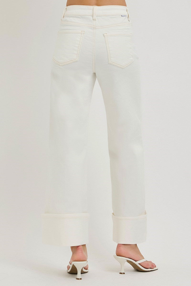 Risen Cream Cropped and Cuffed Denim Jeans