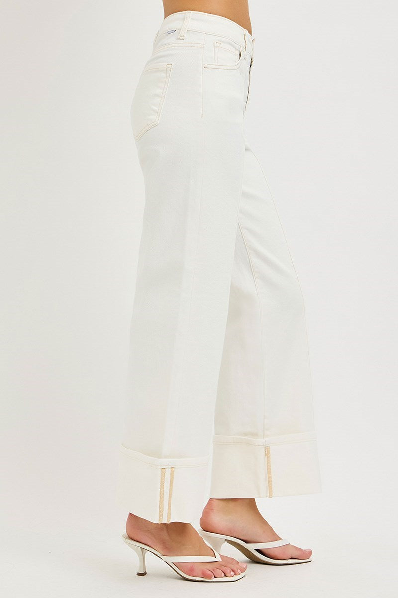 Risen Cream Cropped and Cuffed Denim Jeans