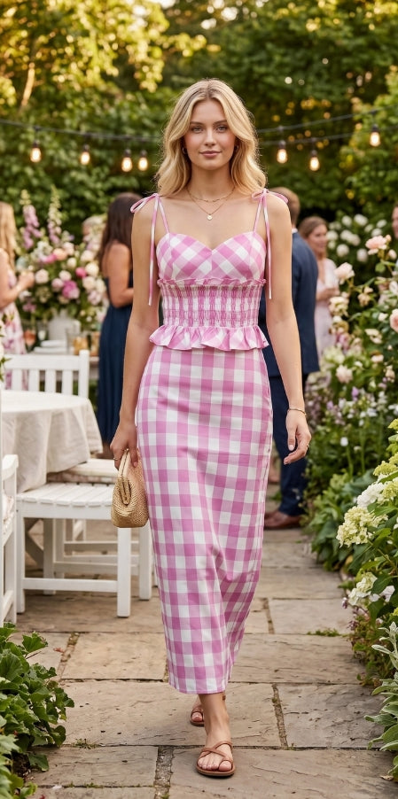 Pink and White Gingham Print Two Piece Set