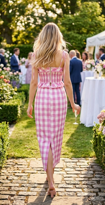 Pink and White Gingham Print Two Piece Set