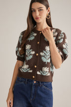 OL Brown Aqua Fall Leaf Cardigan Sweater
