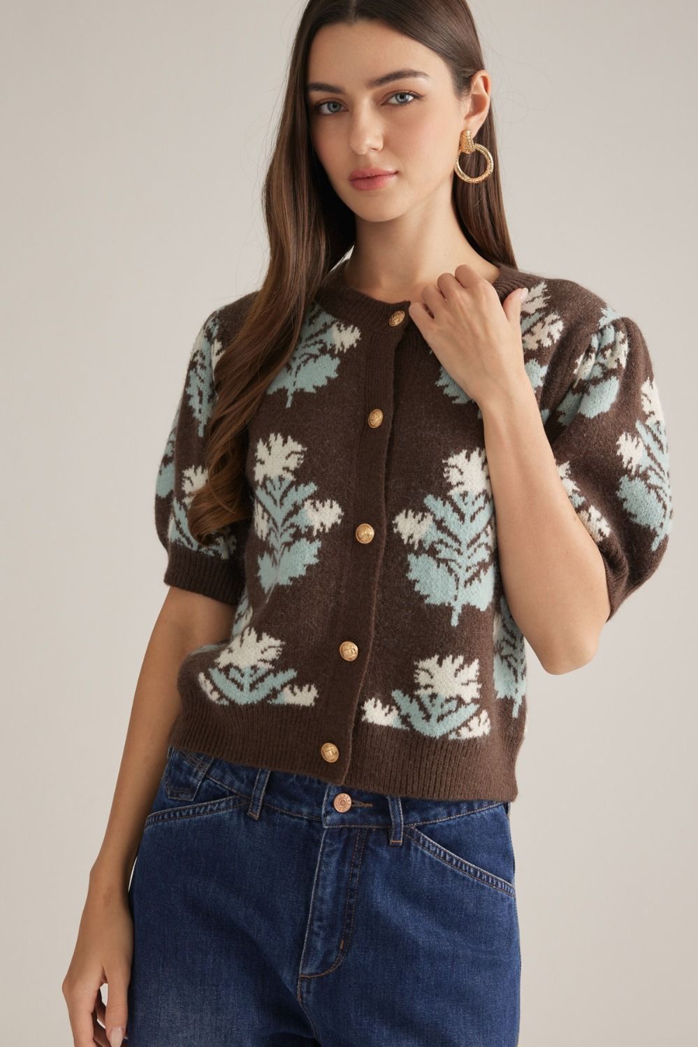 OL Brown Aqua Fall Leaf Cardigan Sweater