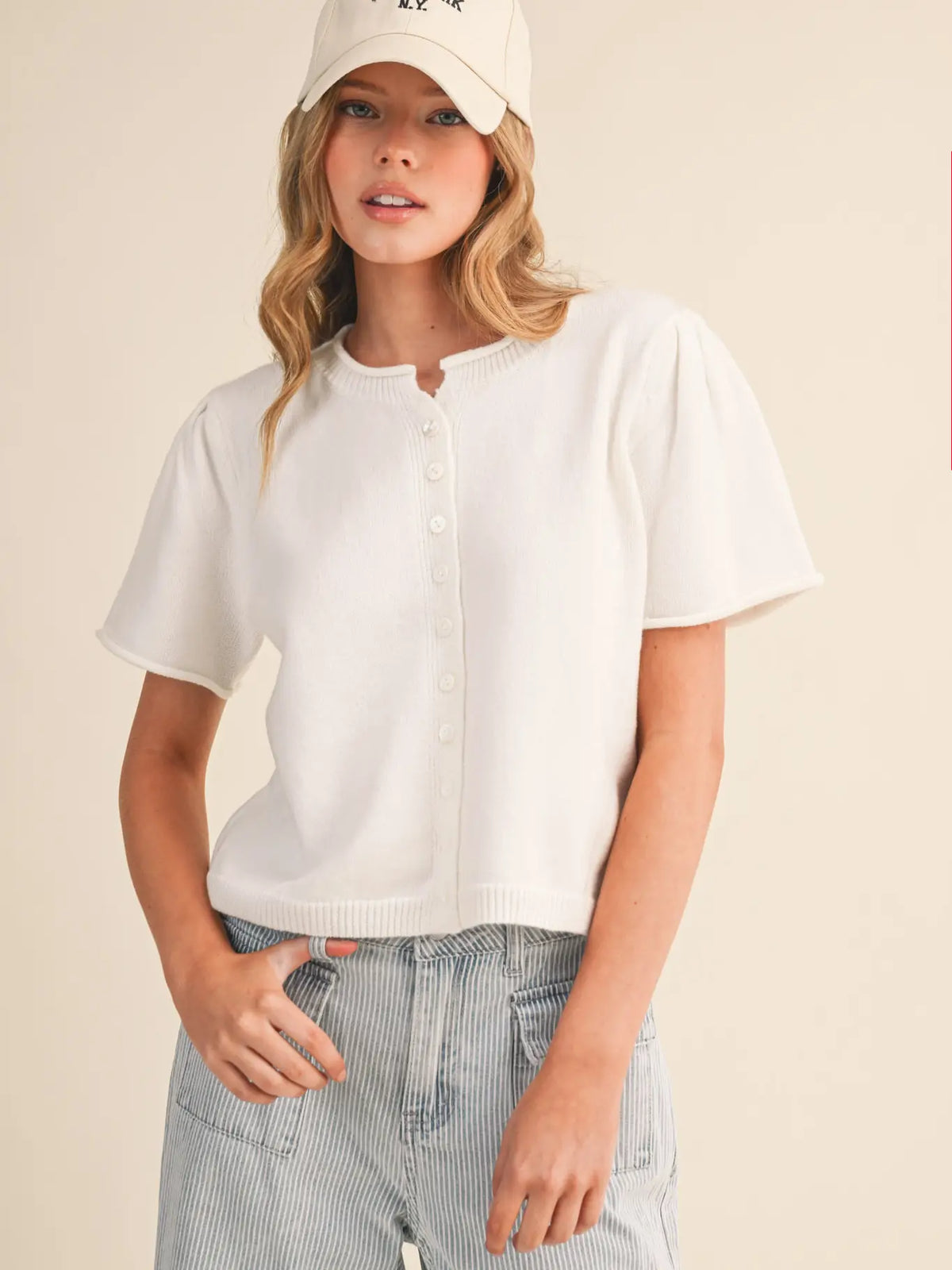White Short Sleeve Cardigan Sweater