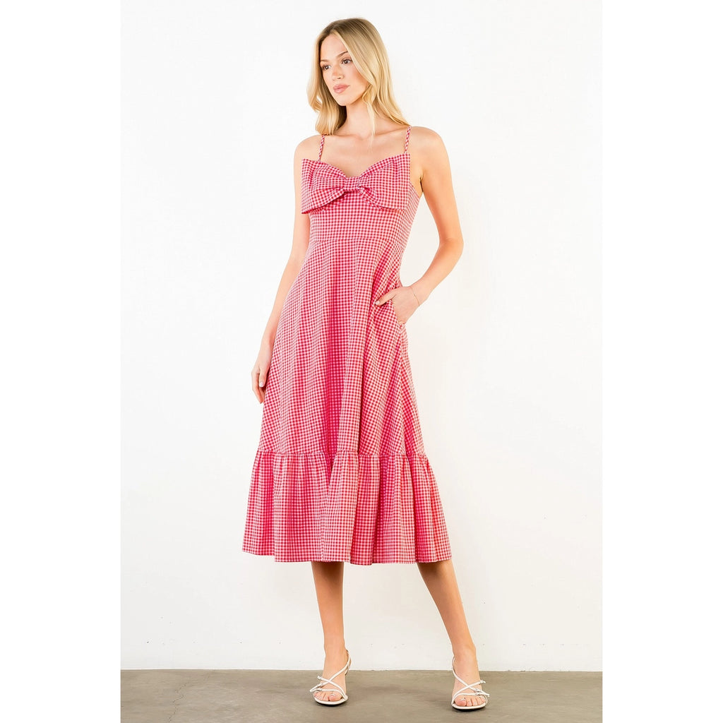 THML Red Pink Checked Midi Bow Dress
