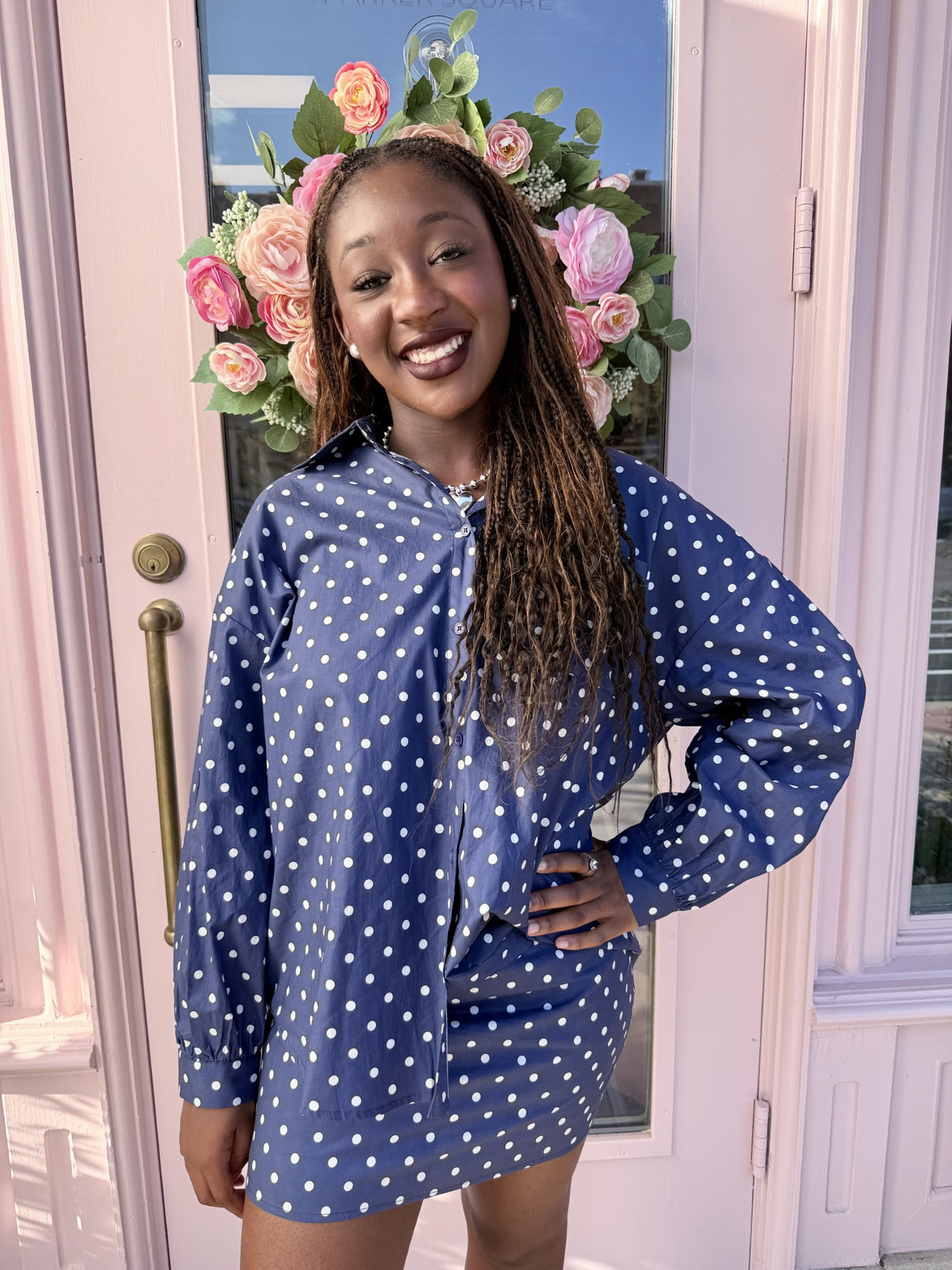 Blue White Polka Dot Button Down Top